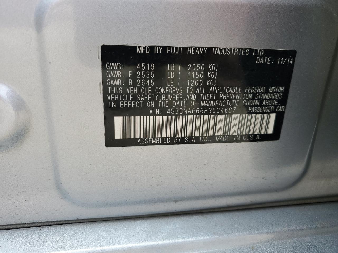 4S3BNAF66F3034687 2015 Subaru Legacy 2.5I Premium