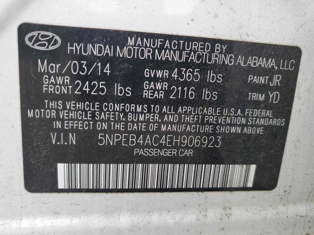 5NPEB4AC4EH906923 2014 Hyundai Sonata Gls