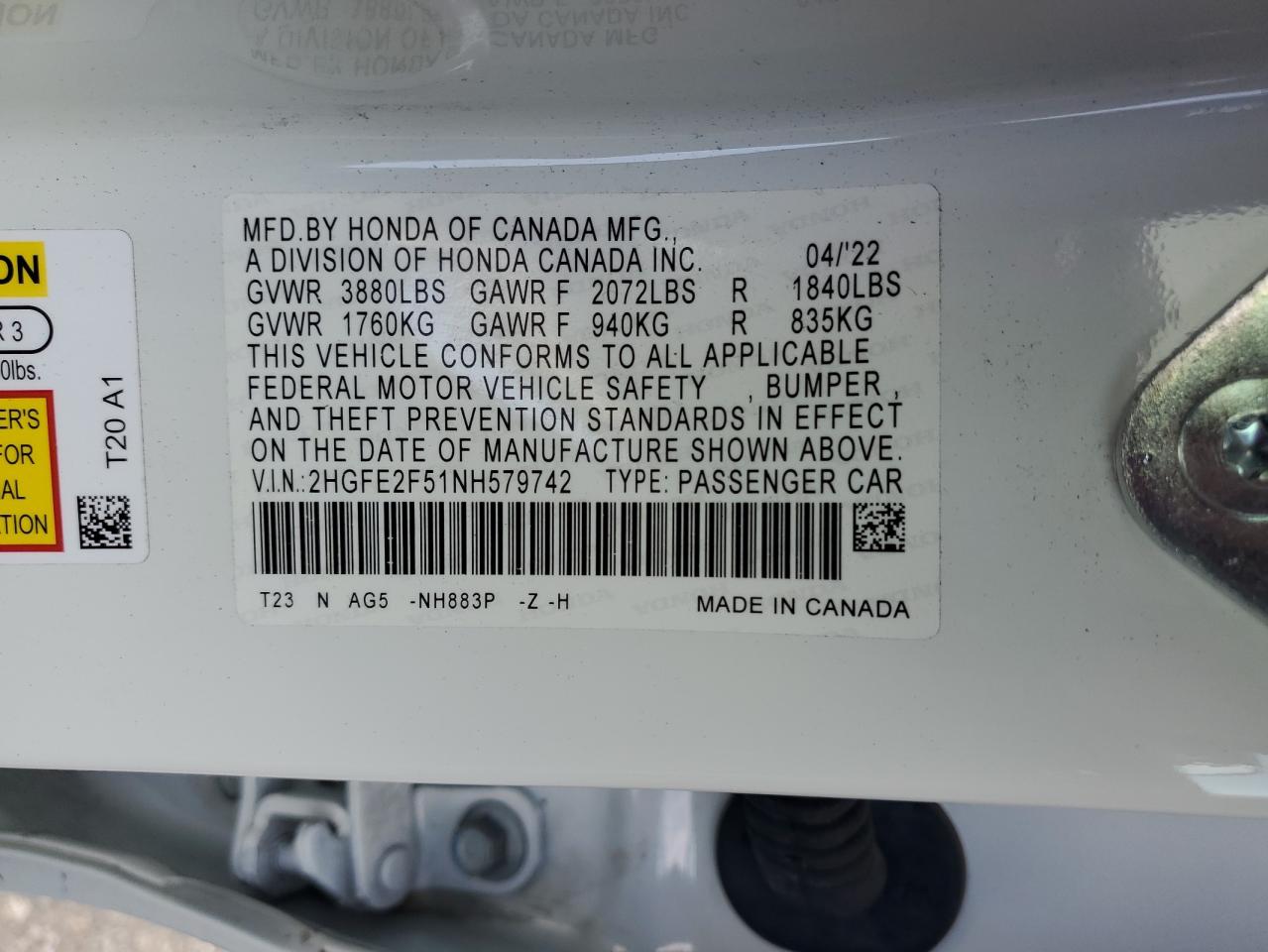 2HGFE2F51NH579742 HONDA CIVIC 2022