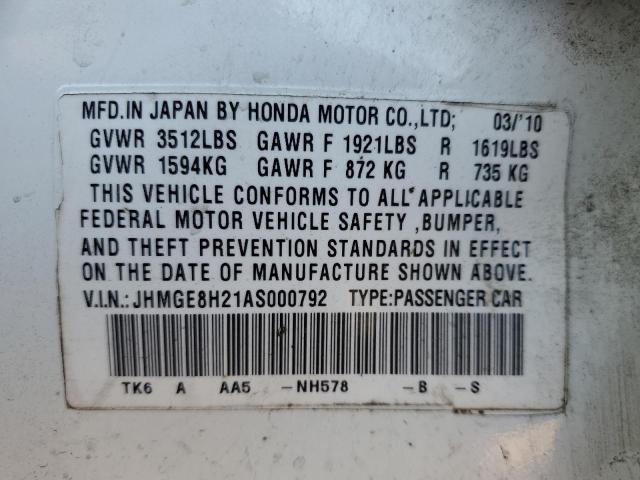 2010 Honda Fit VIN: JHMGE8H21AS000792 Lot: 53931564