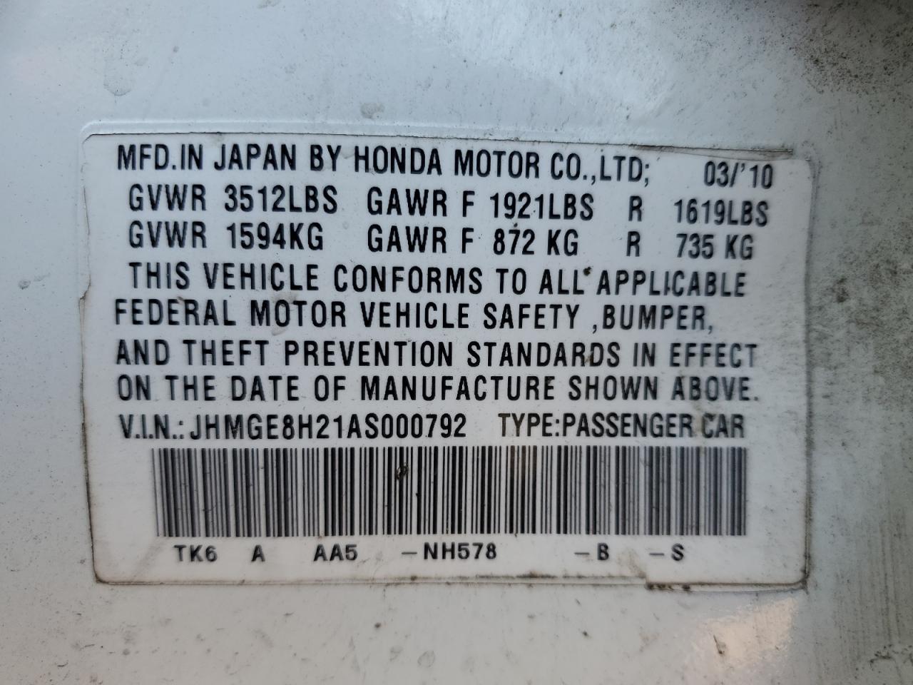 JHMGE8H21AS000792 2010 Honda Fit