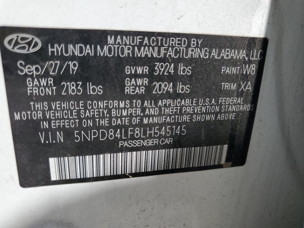 2020 Hyundai Elantra Sel vin: 5NPD84LF8LH545145