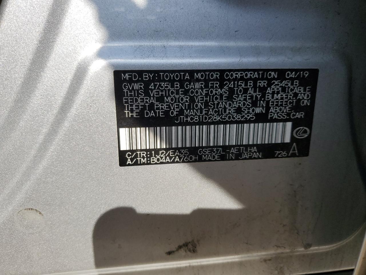 JTHC81D28K5038295 2019 Lexus Is 300