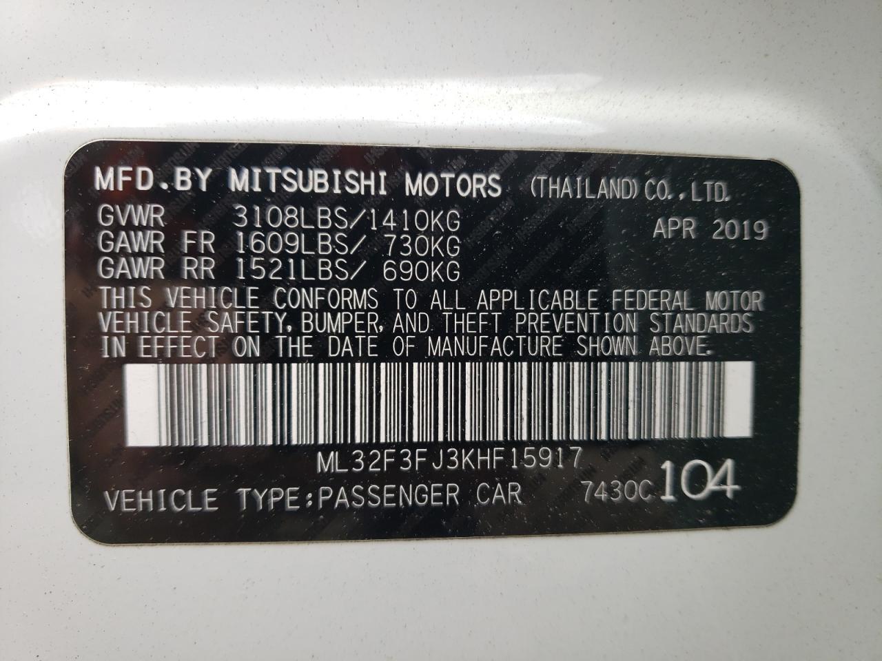 ML32F3FJ3KHF15917 2019 Mitsubishi Mirage G4 Es