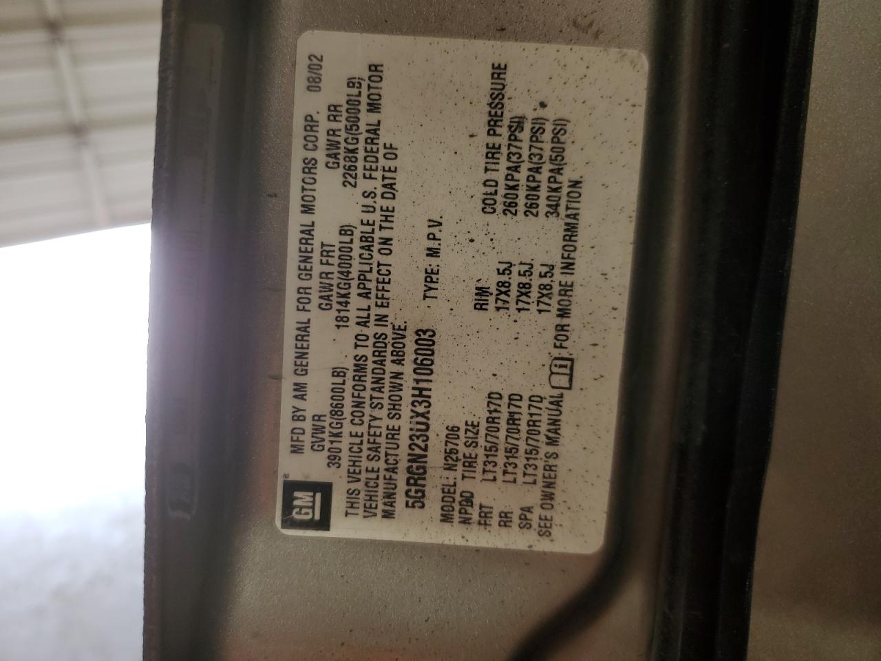 5GRGN23UX3H106003 2003 Hummer H2