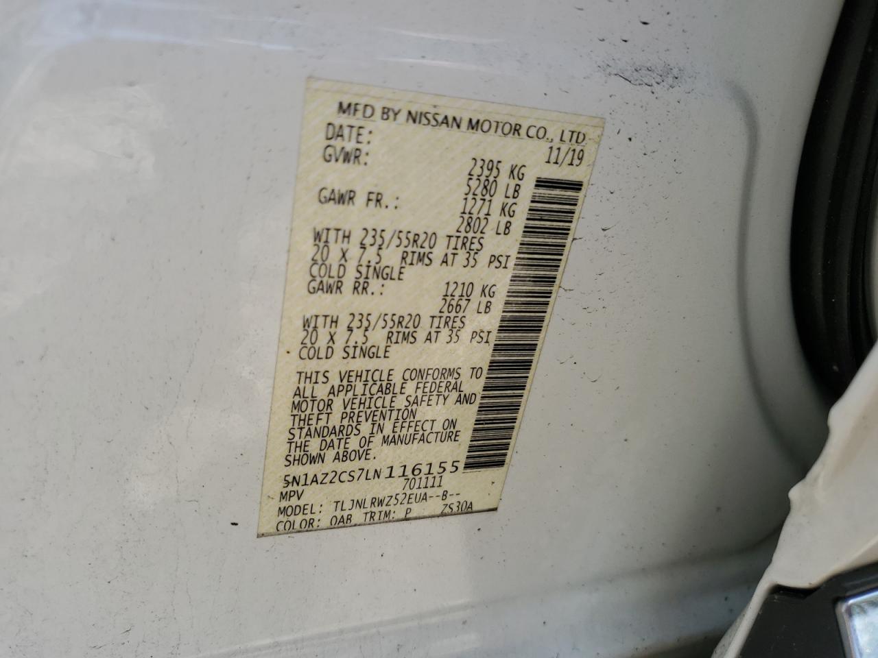 5N1AZ2CS7LN116155 2020 Nissan Murano Sl