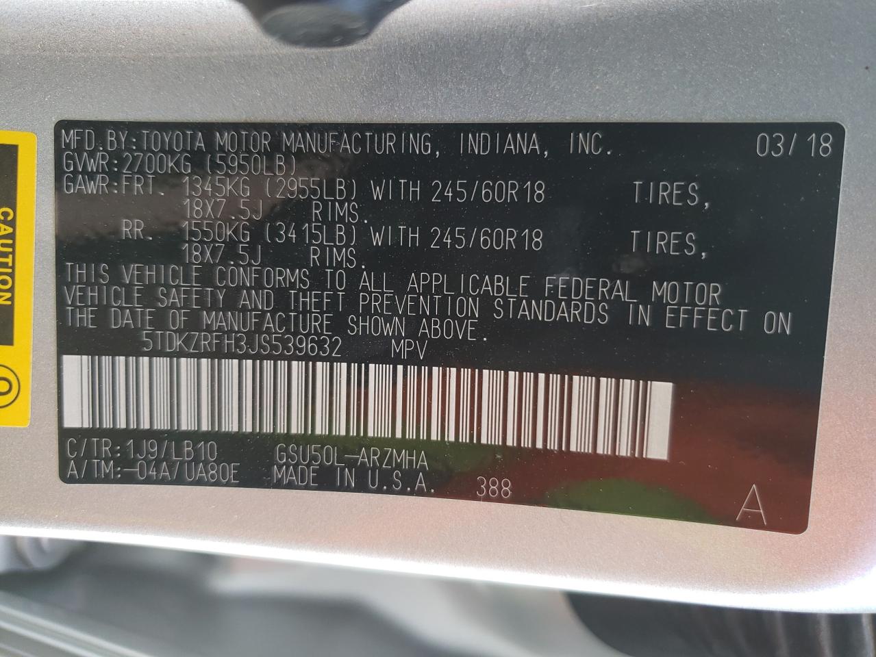 5TDKZRFH3JS539632 2018 Toyota Highlander Se