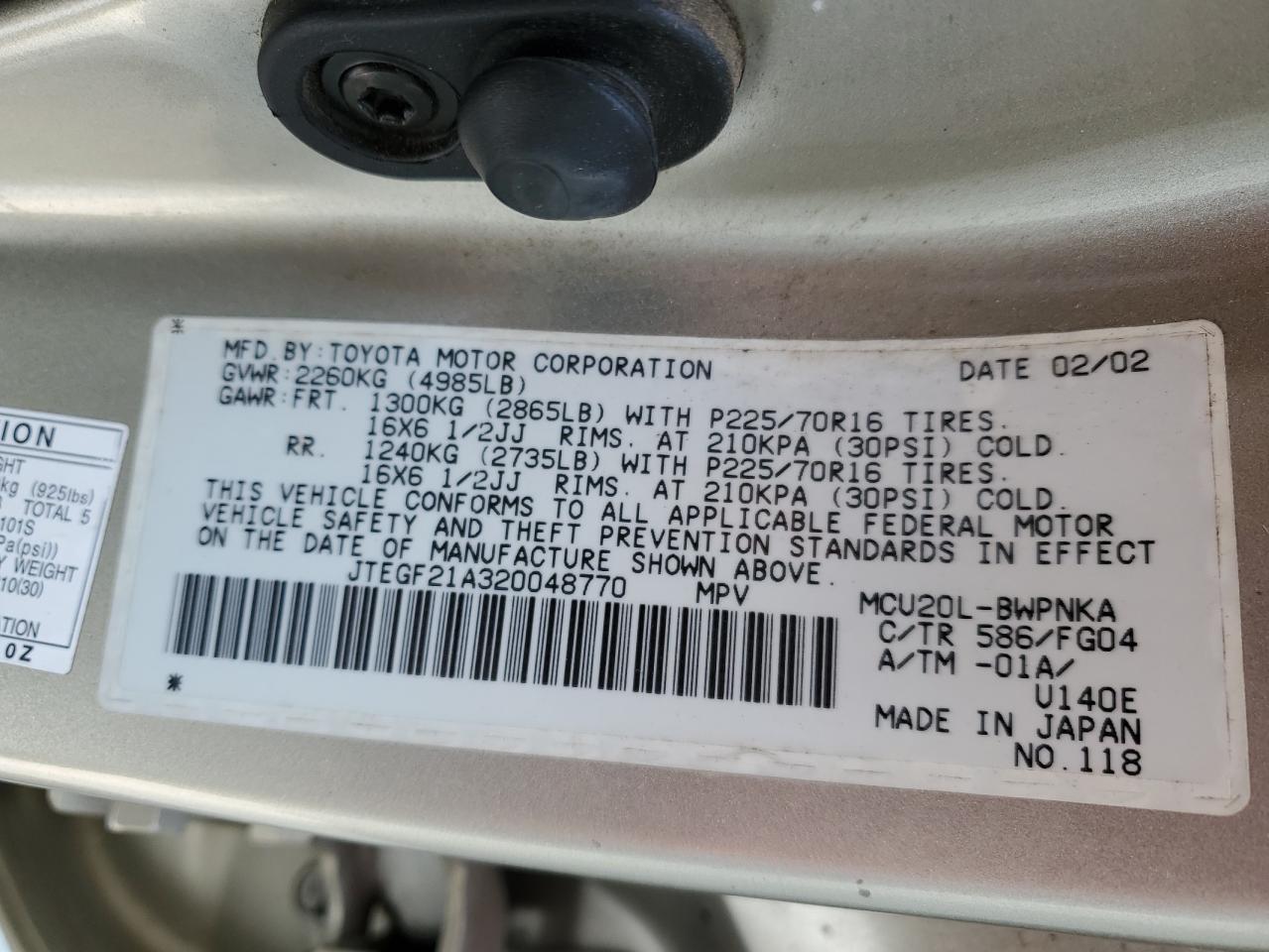 JTEGF21A320048770 2002 Toyota Highlander Limited