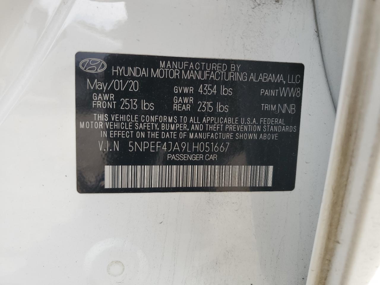 5NPEF4JA9LH051667 2020 Hyundai Sonata Sel
