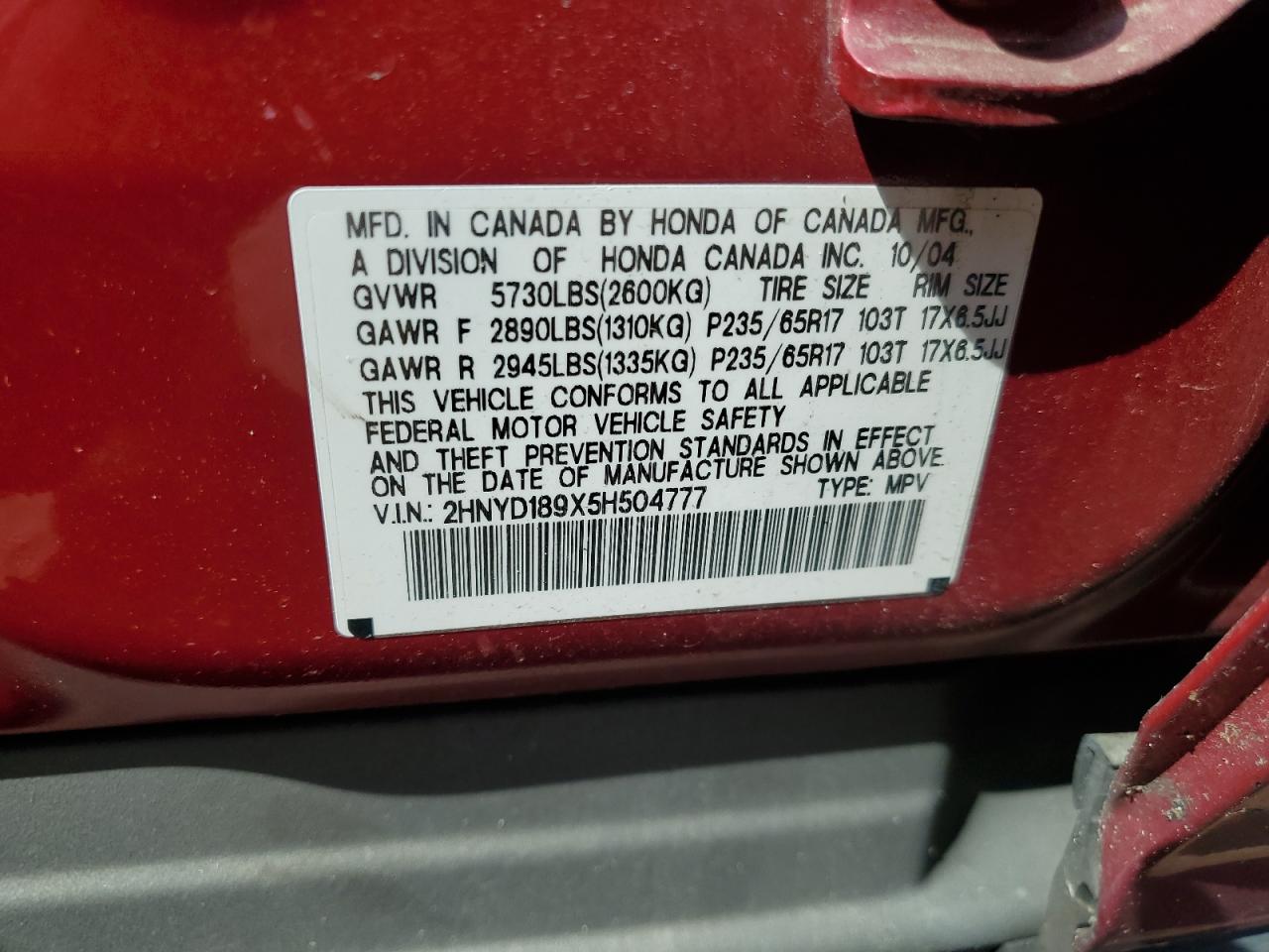 2HNYD189X5H504777 2005 Acura Mdx Touring