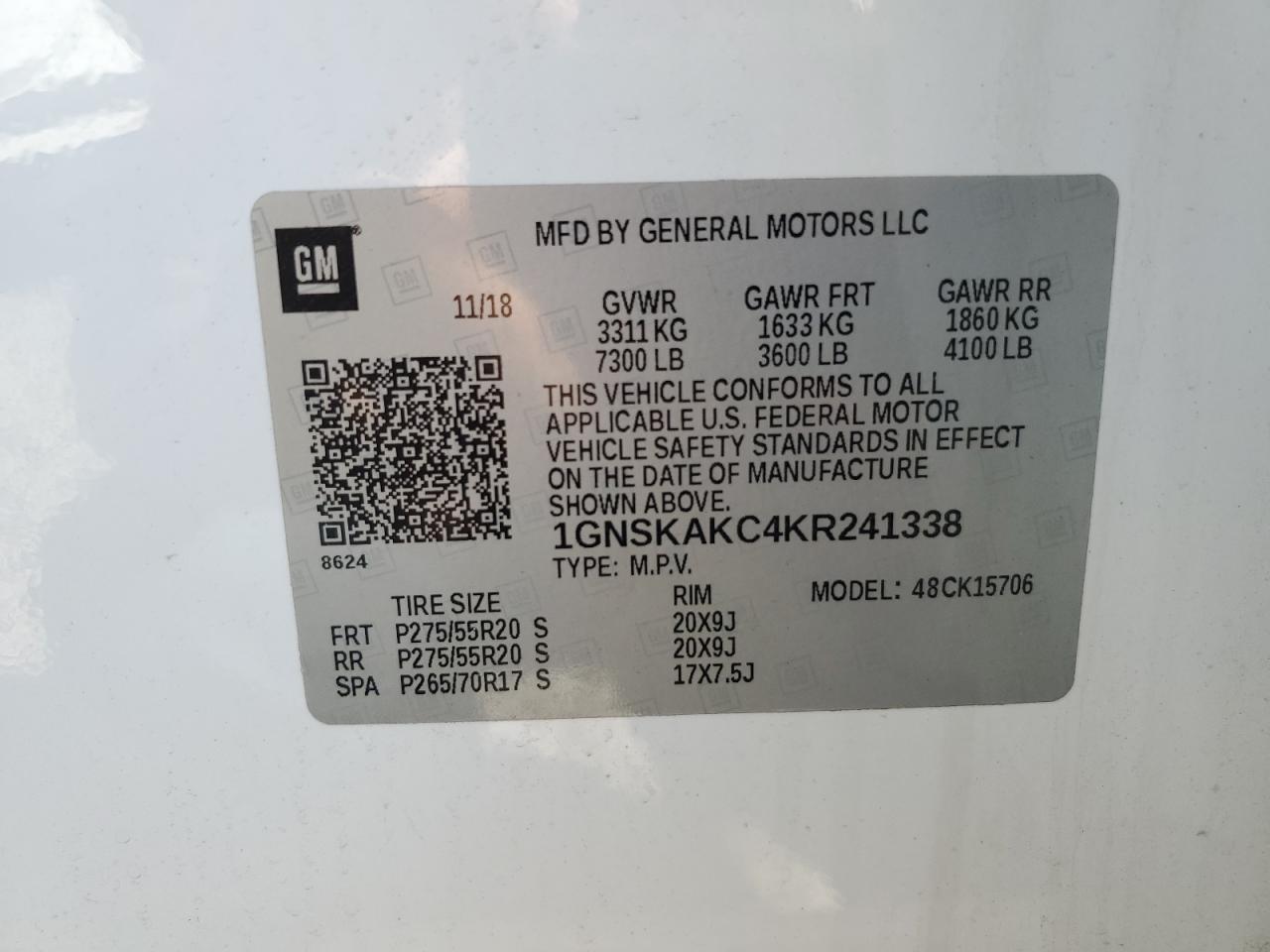 1GNSKAKC4KR241338 CHEVROLET TAHOE 2019