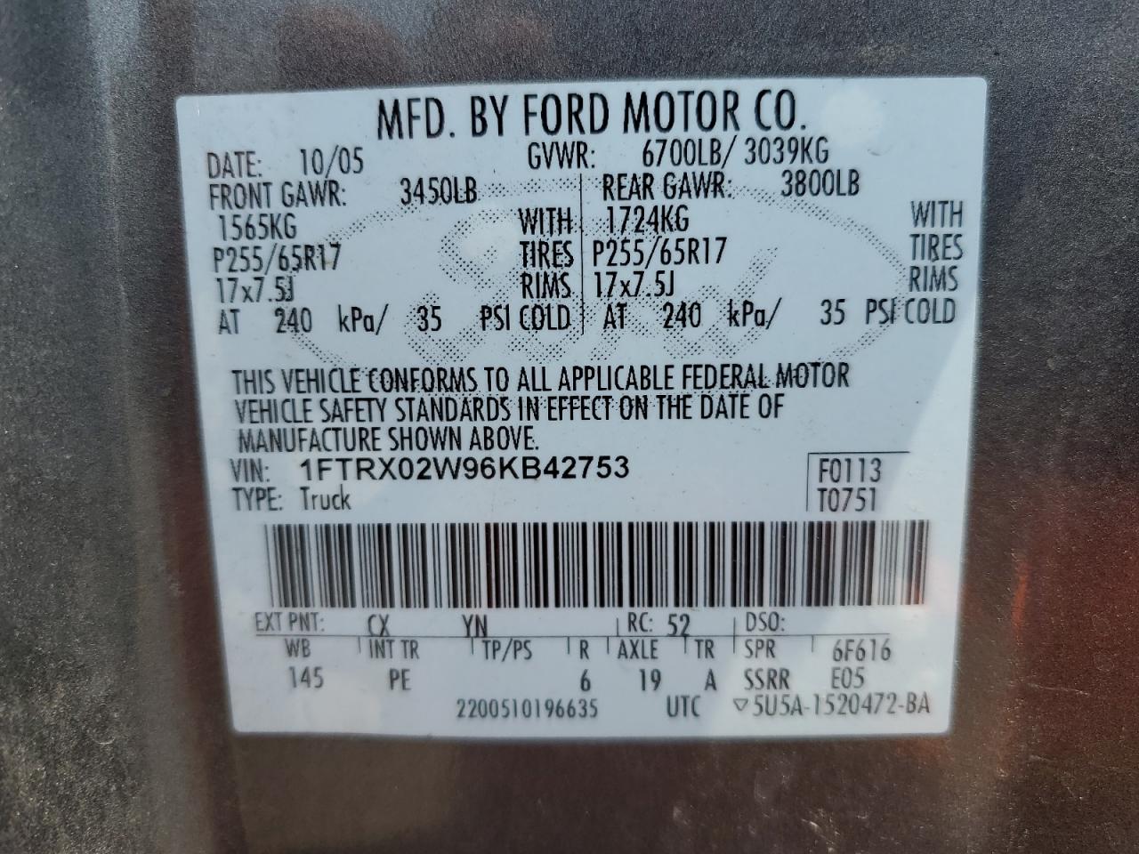 1FTRX02W96KB42753 2006 Ford F150