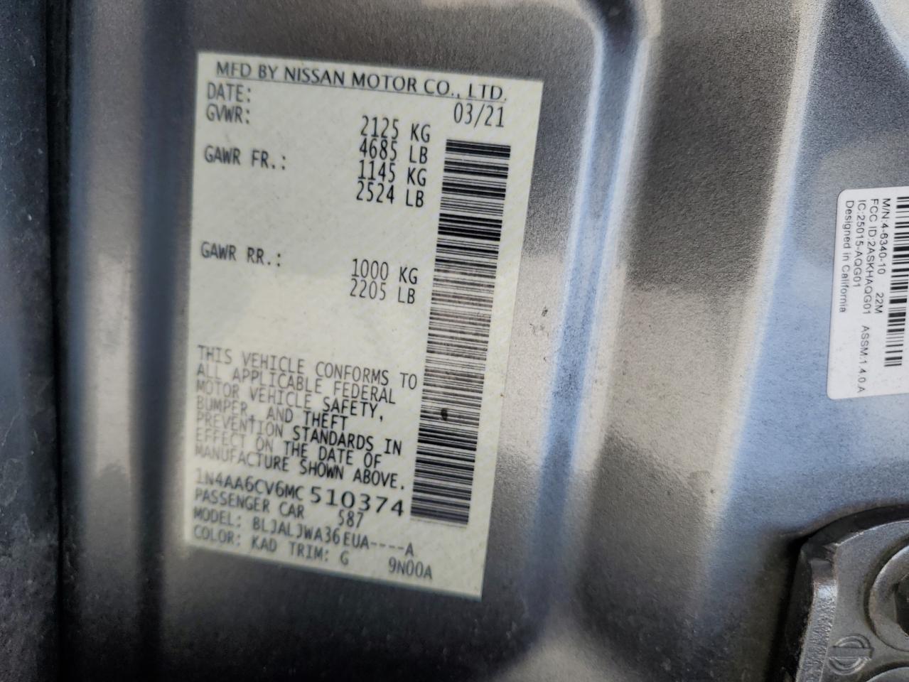 1N4AA6CV6MC510374 2021 Nissan Maxima Sv