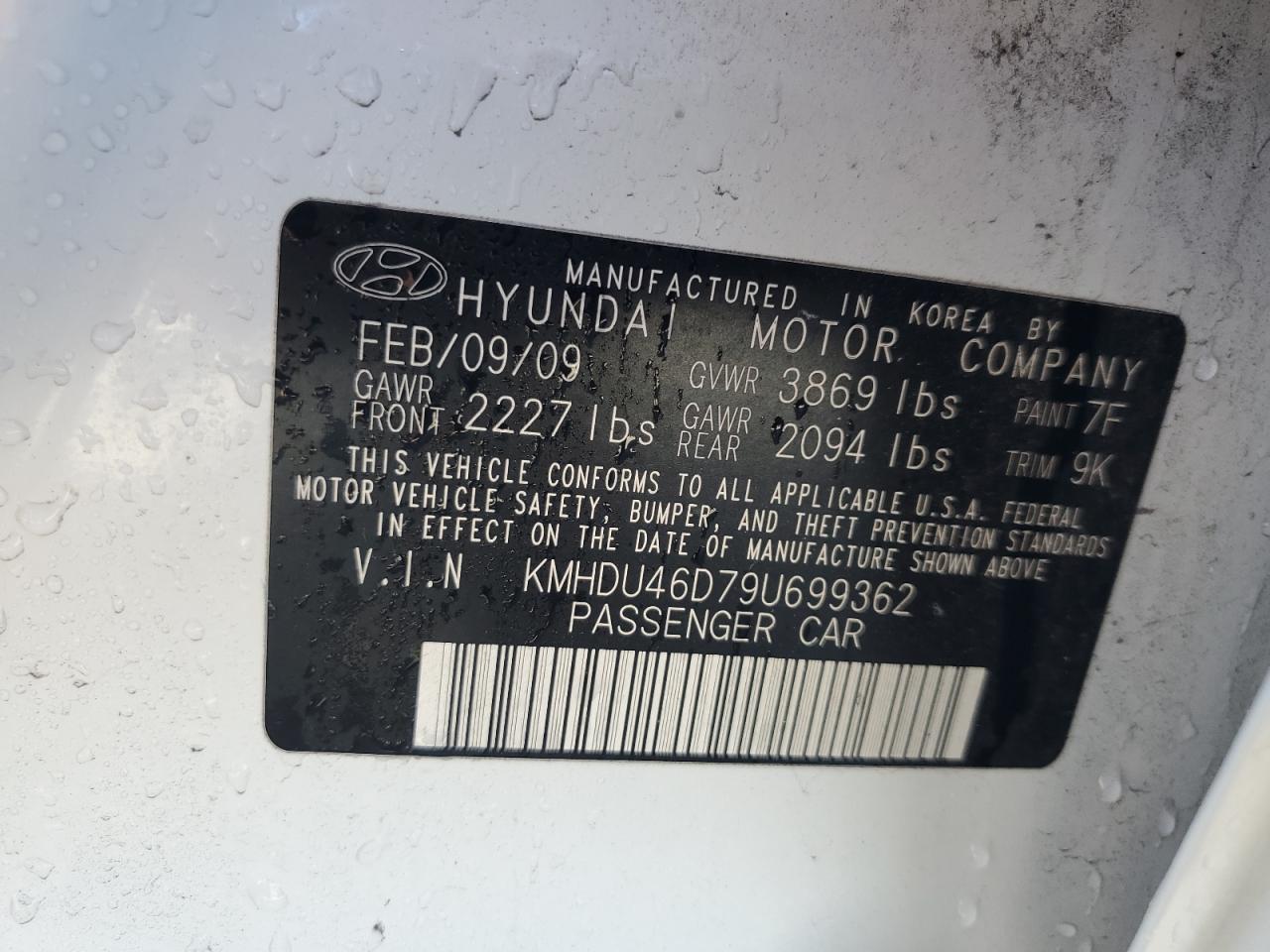 KMHDU46D79U699362 2009 Hyundai Elantra Gls