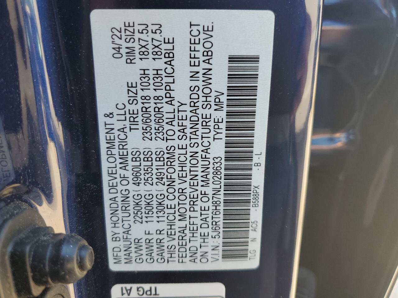 5J6RT6H87NL028633 HONDA CRV 2022