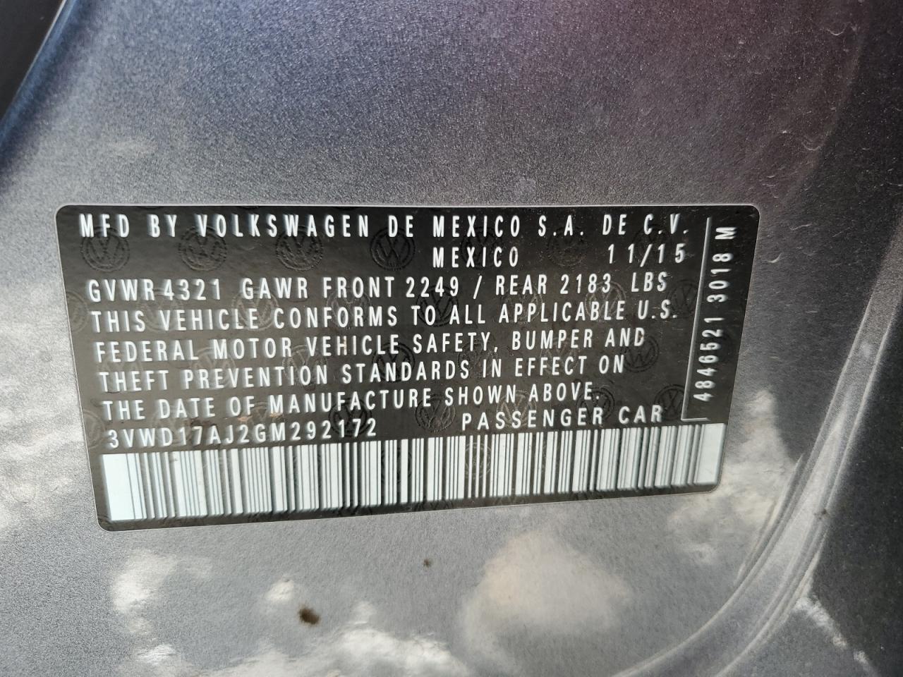 3VWD17AJ2GM292172 2016 Volkswagen Jetta Sport