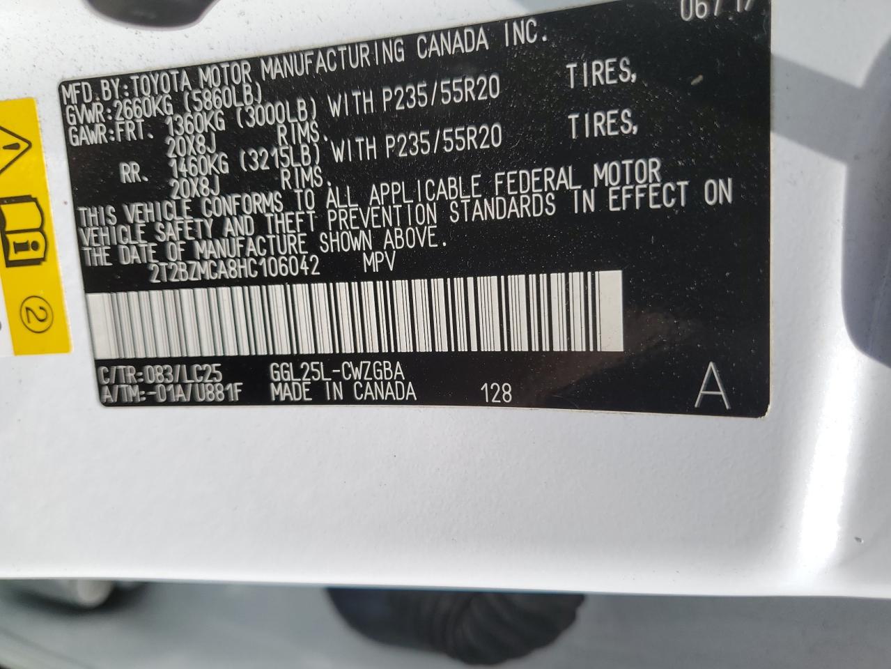 2T2BZMCA8HC106042 2017 Lexus Rx 350 Base