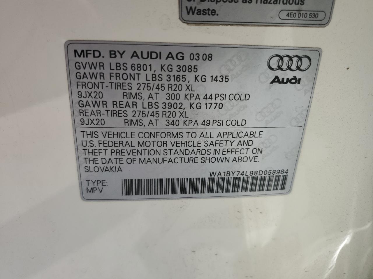 WA1BY74L88D058984 2008 Audi Q7 3.6 Quattro Premium