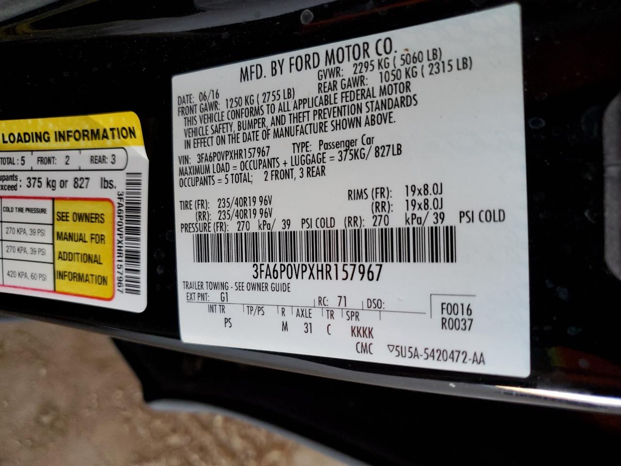 3FA6P0VPXHR157967 FORD FUSION 2017