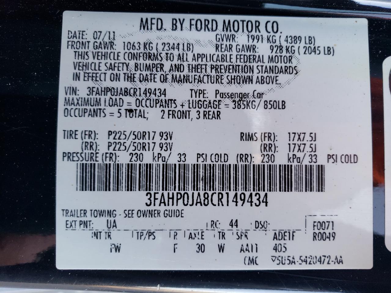 3FAHP0JA8CR149434 2012 Ford Fusion Sel