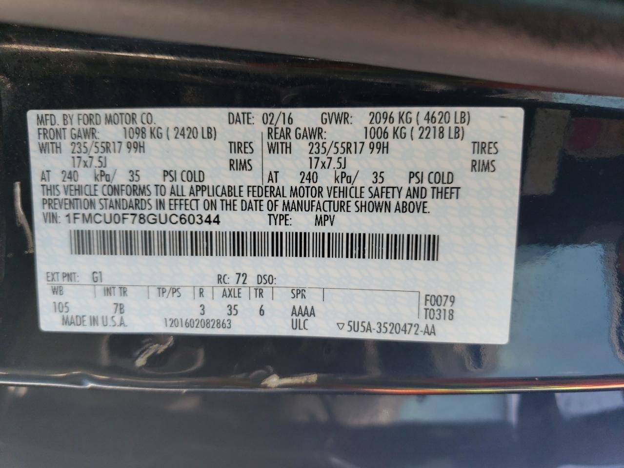 1FMCU0F78GUC60344 2016 Ford Escape S