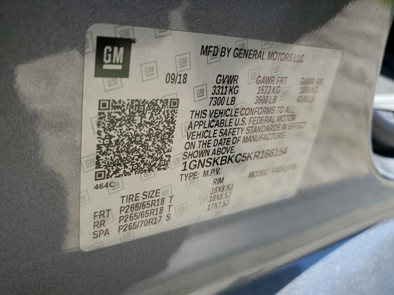 1GNSKBKC5KR166154 CHEVROLET TAHOE 2019