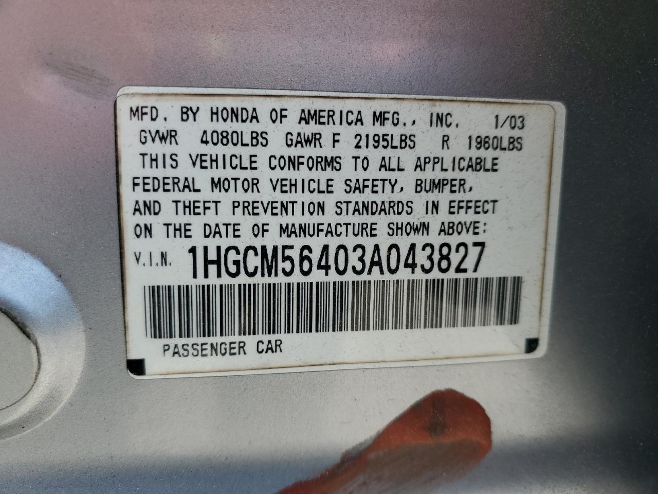 1HGCM56403A043827 2003 Honda Accord Lx