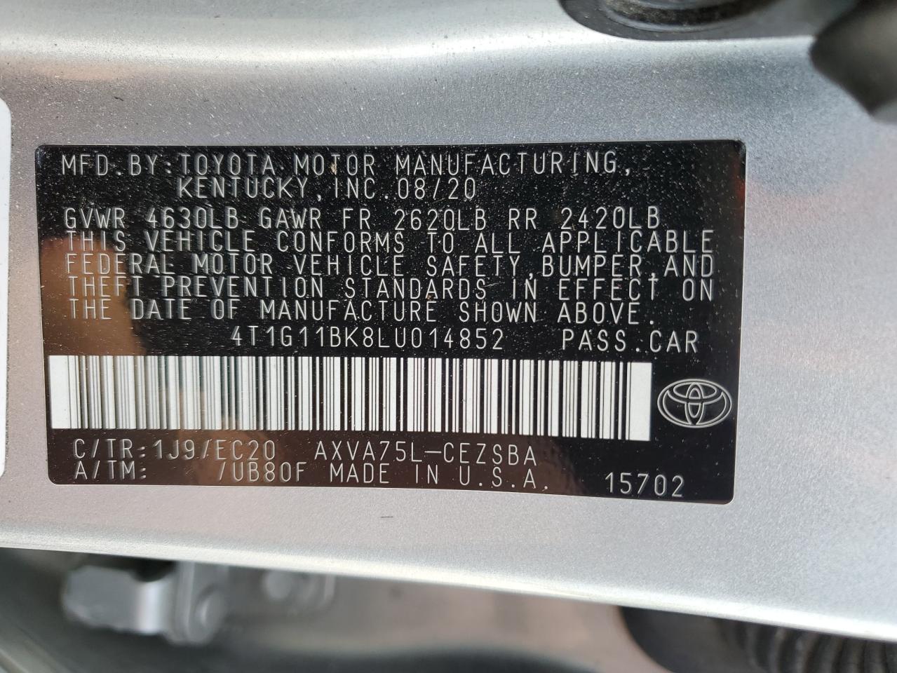 4T1G11BK8LU014852 TOYOTA CAMRY 2020