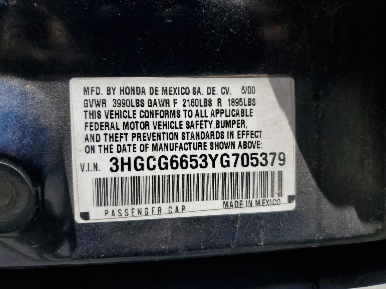 3HGCG6653YG705379 2000 Honda Accord Lx