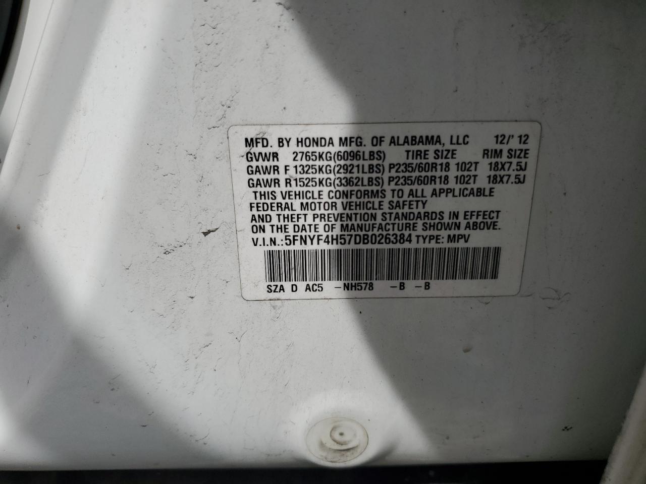 5FNYF4H57DB026384 2013 Honda Pilot Exl