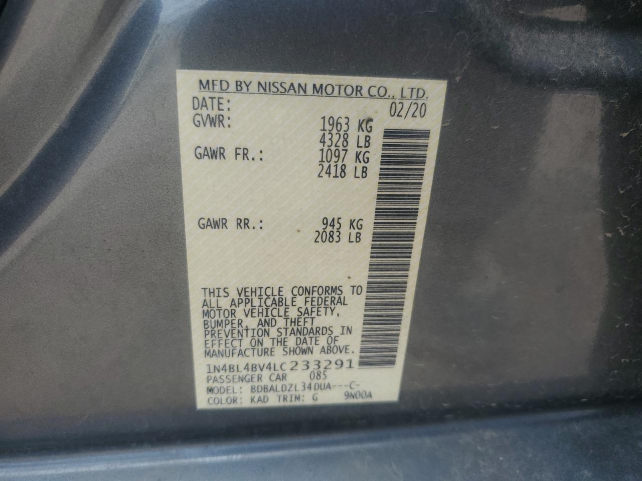 1N4BL4BV4LC233291 2020 Nissan Altima S