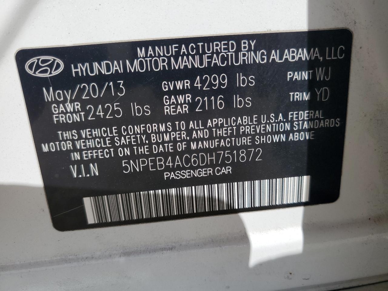 5NPEB4AC6DH751872 2013 Hyundai Sonata Gls