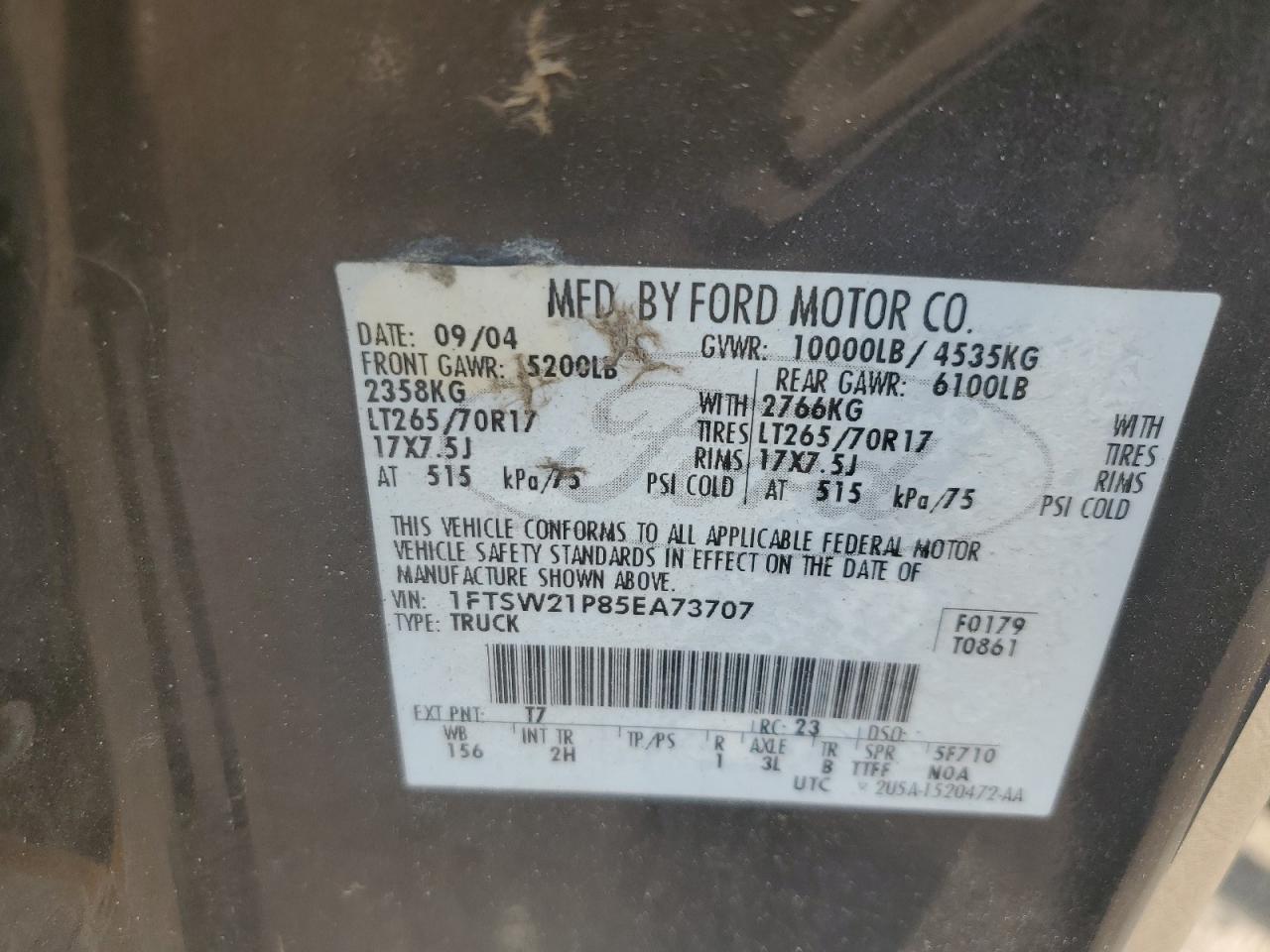 1FTSW21P85EA73707 2005 Ford F250 Super Duty