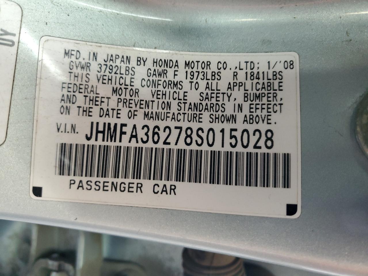 JHMFA36278S015028 2008 Honda Civic Hybrid