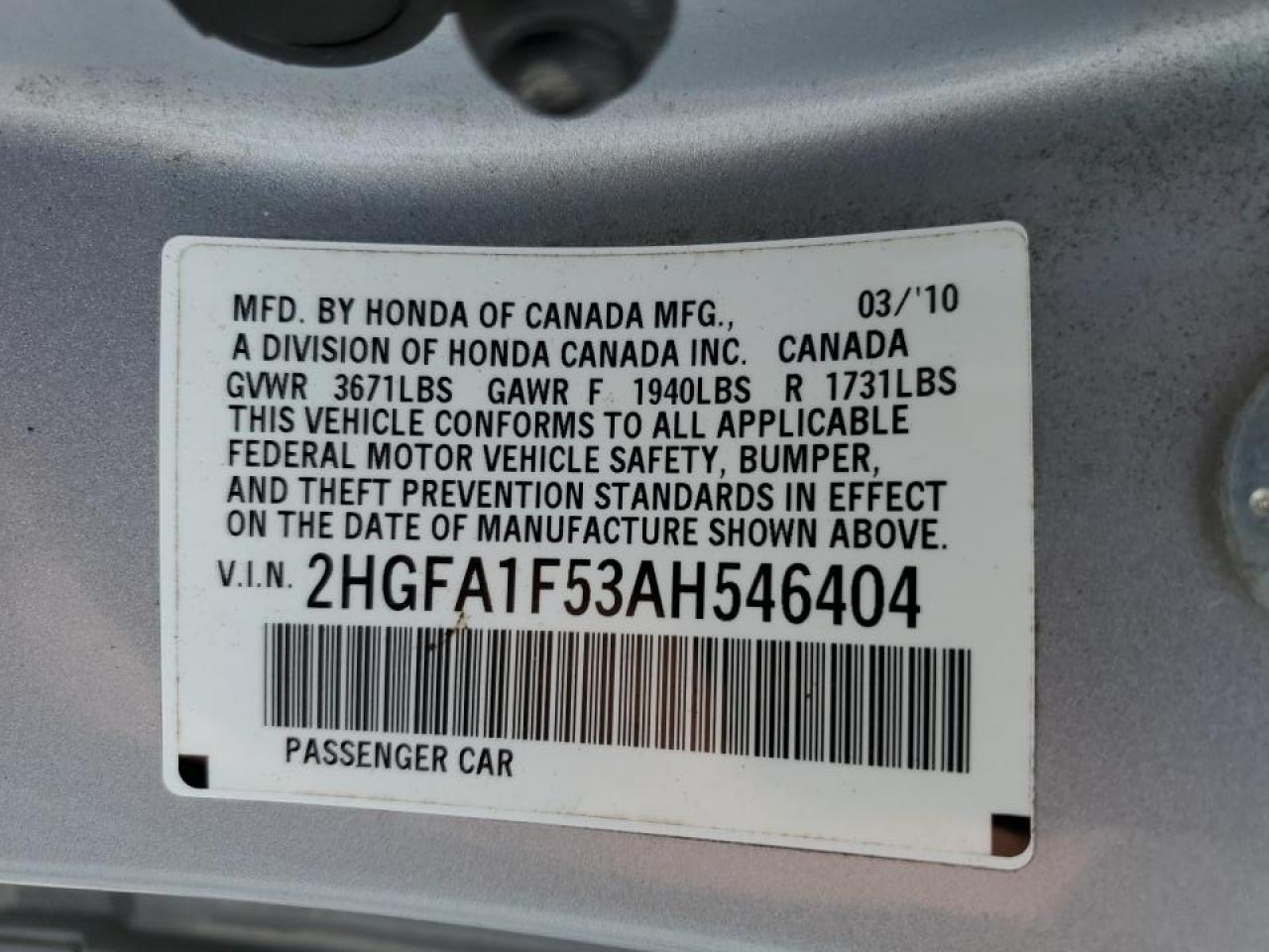 2HGFA1F53AH546404 2010 Honda Civic Lx
