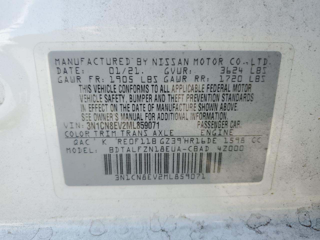 3N1CN8EV2ML859071 NISSAN VERSA 2021