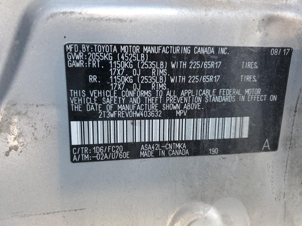 2T3WFREV0HW403632 2017 Toyota Rav4 Xle