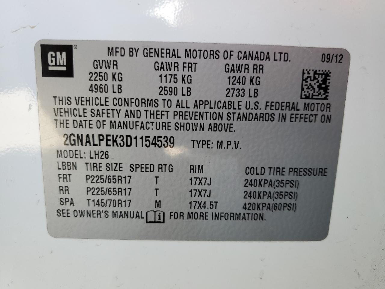 2GNALPEK3D1154539 2013 Chevrolet Equinox Lt