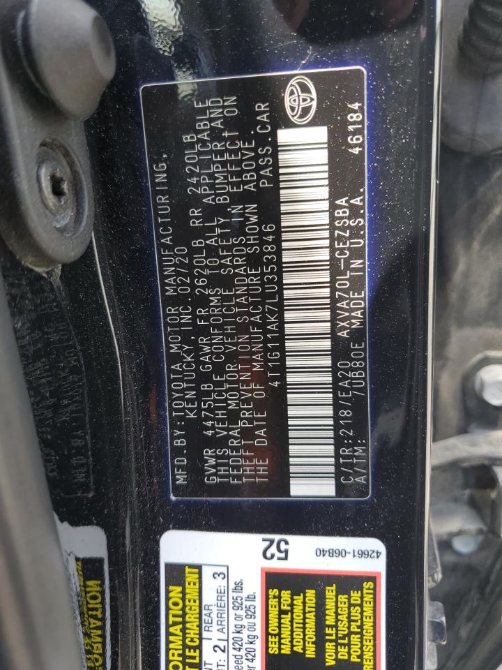 4T1G11AK7LU353846 TOYOTA CAMRY 2020
