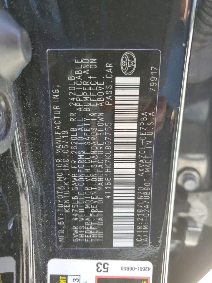 4T1B61HK7KU807755 TOYOTA CAMRY 2019