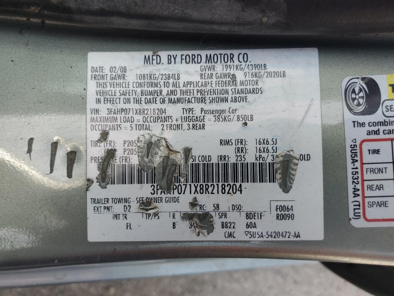 3FAHP071X8R218204 2008 Ford Fusion Se