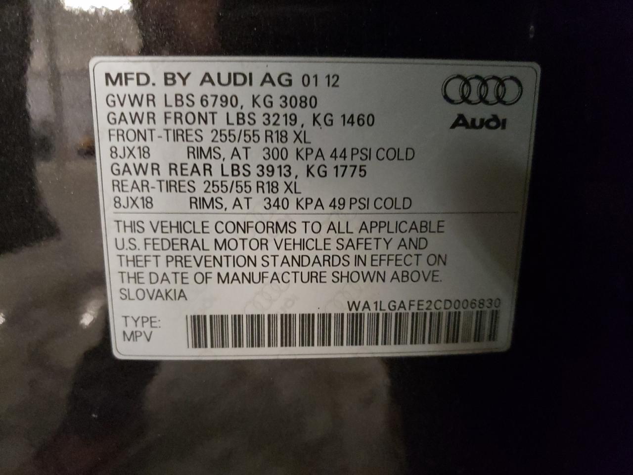 2012 Audi Q7 Premium Plus vin: WA1LGAFE2CD006830