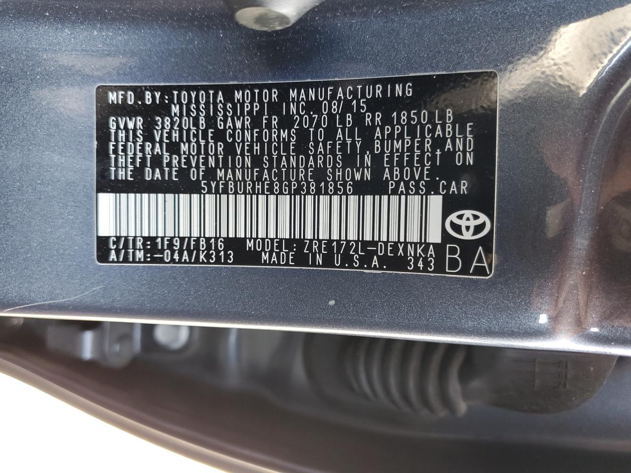 5YFBURHE8GP381856 2016 Toyota Corolla L