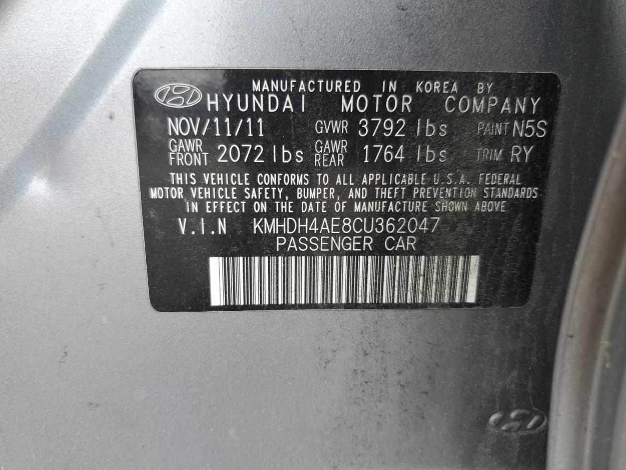 KMHDH4AE8CU362047 2012 Hyundai Elantra Gls