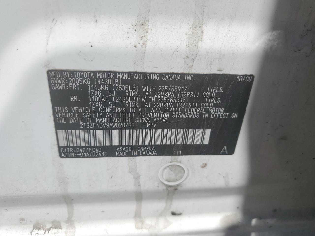 2T3ZF4DV9AW020733 2010 Toyota Rav4