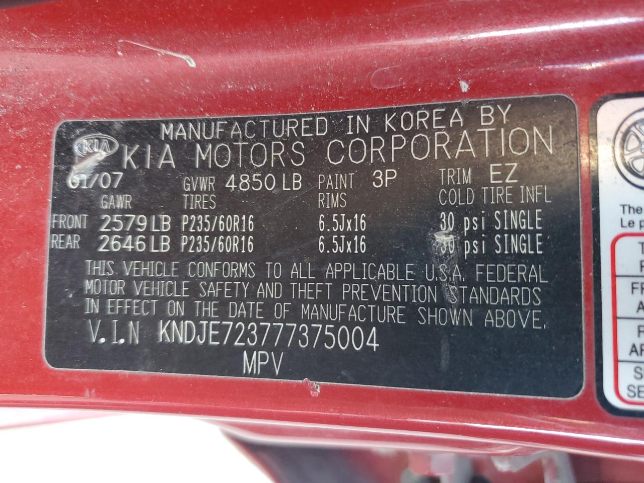 KNDJE723777375004 2007 Kia Sportage Ex