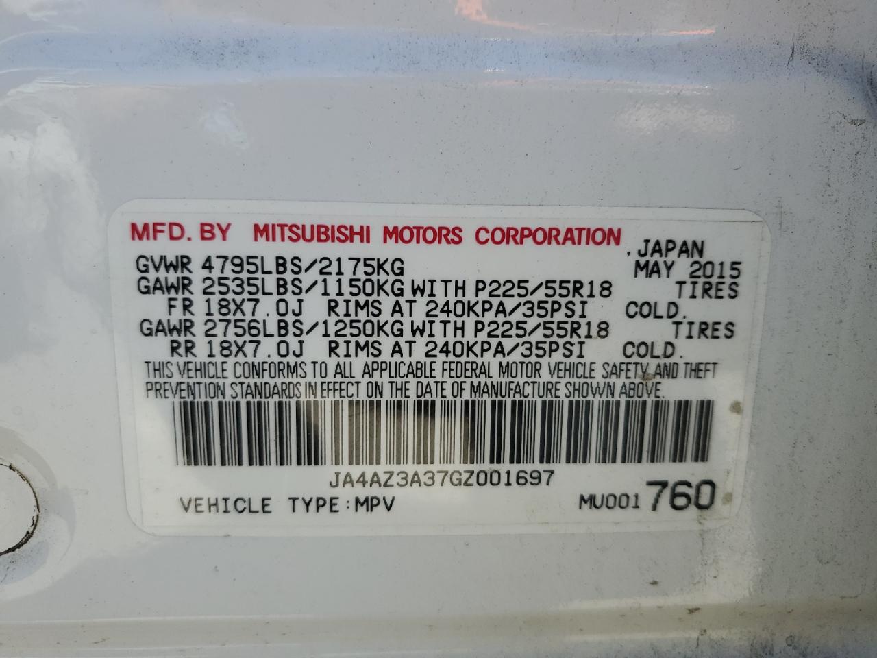 JA4AZ3A37GZ001697 2016 Mitsubishi Outlander Se