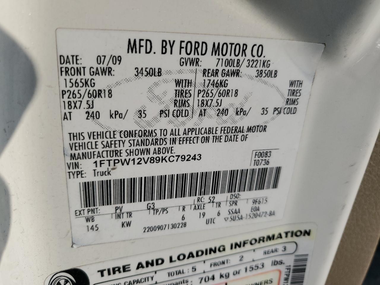 1FTPW12V89KC79243 2009 Ford F150 Supercrew
