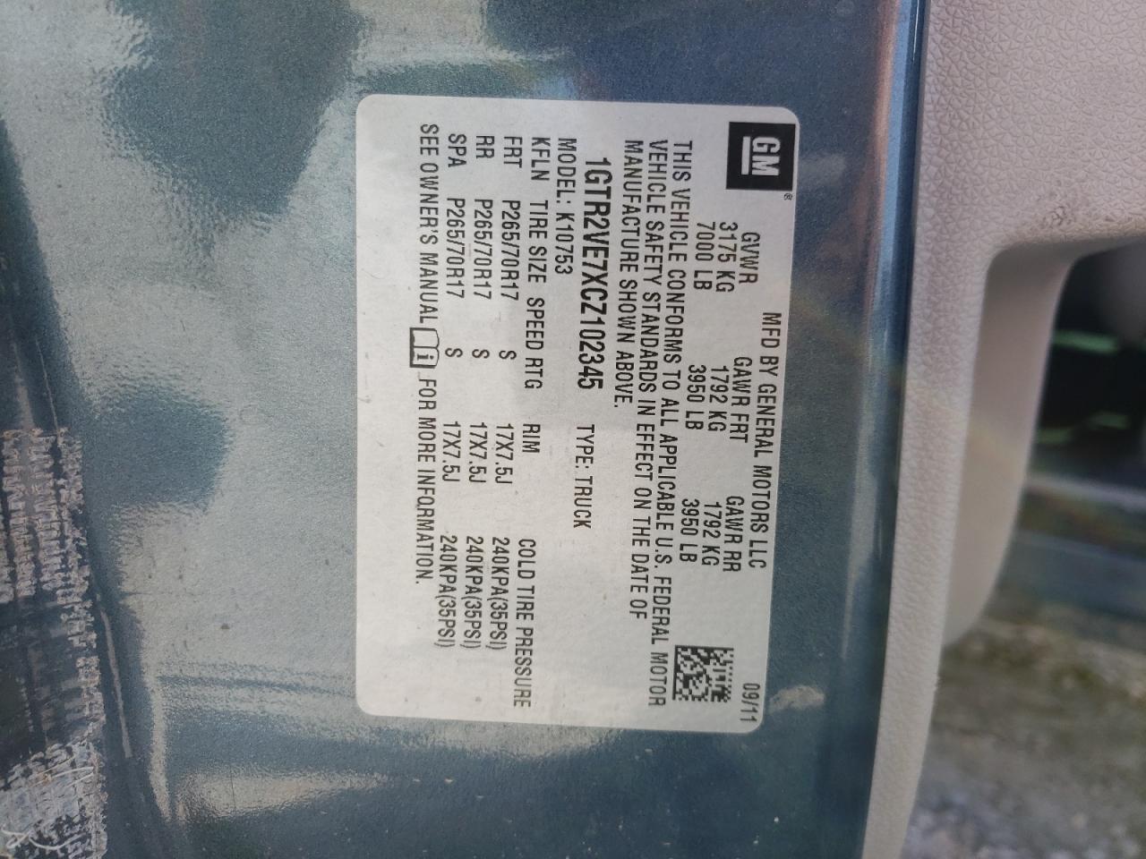 1GTR2VE7XCZ102345 2012 GMC Sierra K1500 Sle