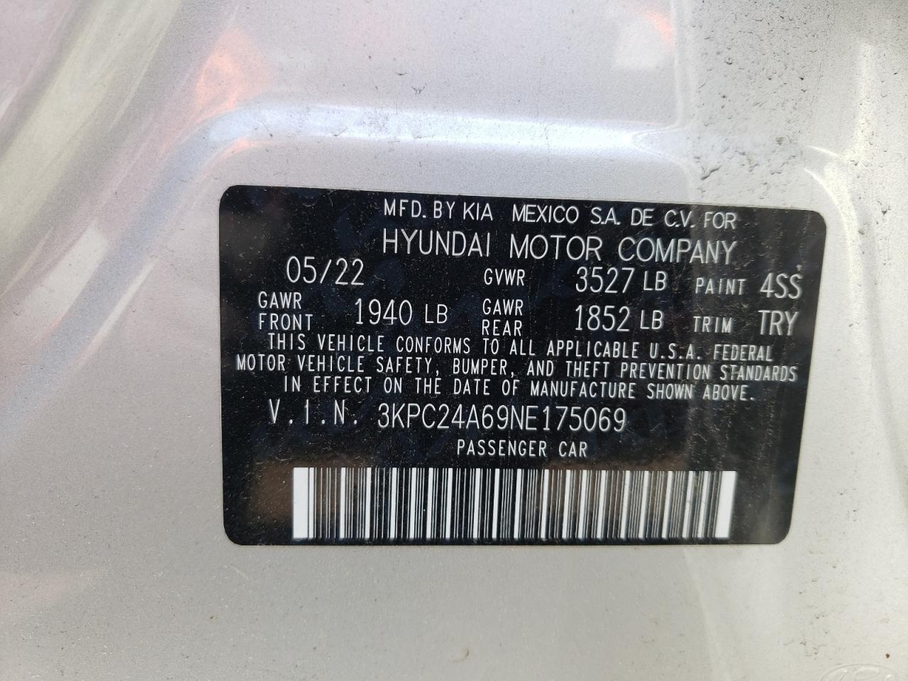 3KPC24A69NE175069 2022 Hyundai Accent Se